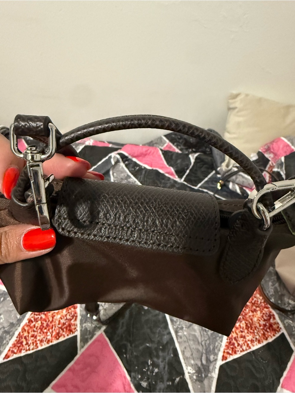 Longchamp Small Brown Nylon Top-Handle Mini Bag with Dark Leather Trim - Picture 2 of 4